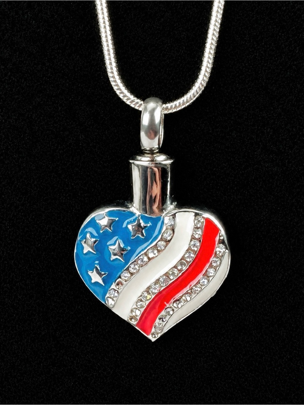 Vintage heart, American flag red, white, blue Silvertone bottle pendant …